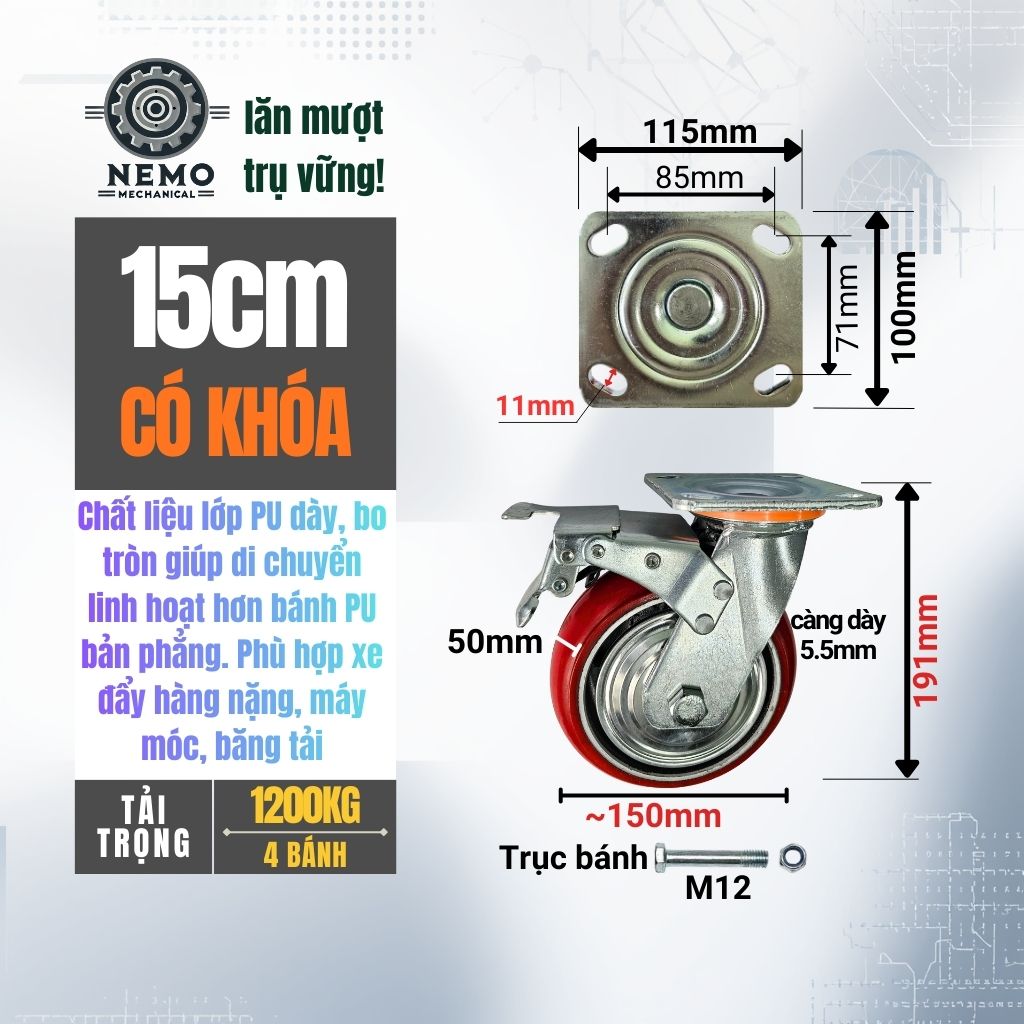 Bánh Xe PU Bo Tròn Tải Nặng – Kiểu Hàn Quốc, Xoay Hướng Linh Hoạt (D100 - D200)